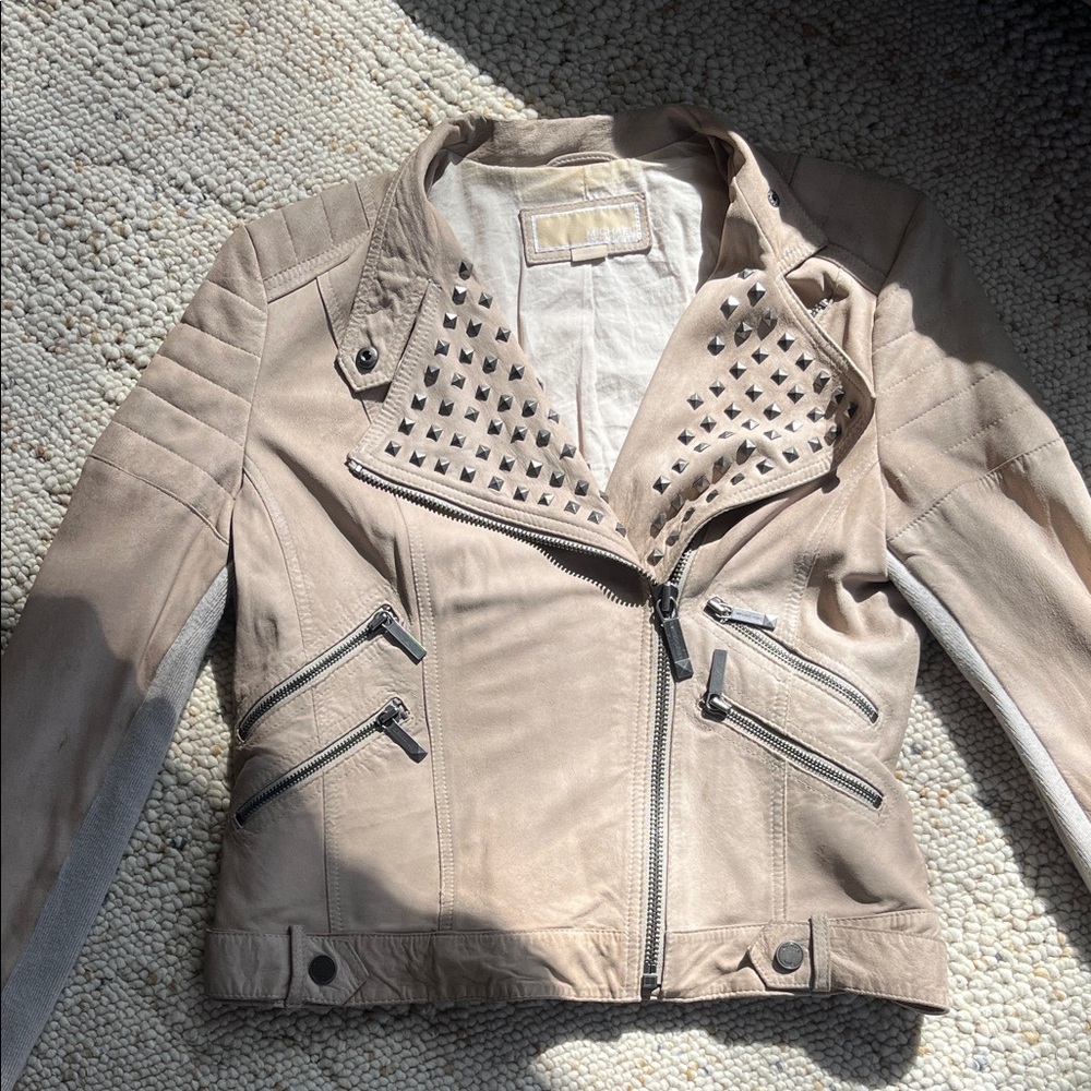 MICHAEL Michael Kors Beige Leather Jacket with Stud Accents